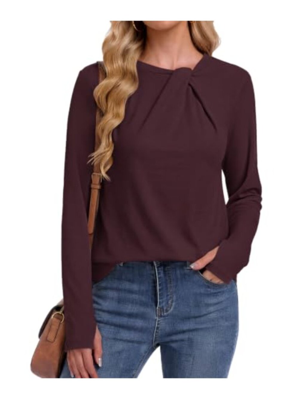 Womens Mock Neck Long Sleeve Slim Fit Tee with Thumb Holes Twist Knot